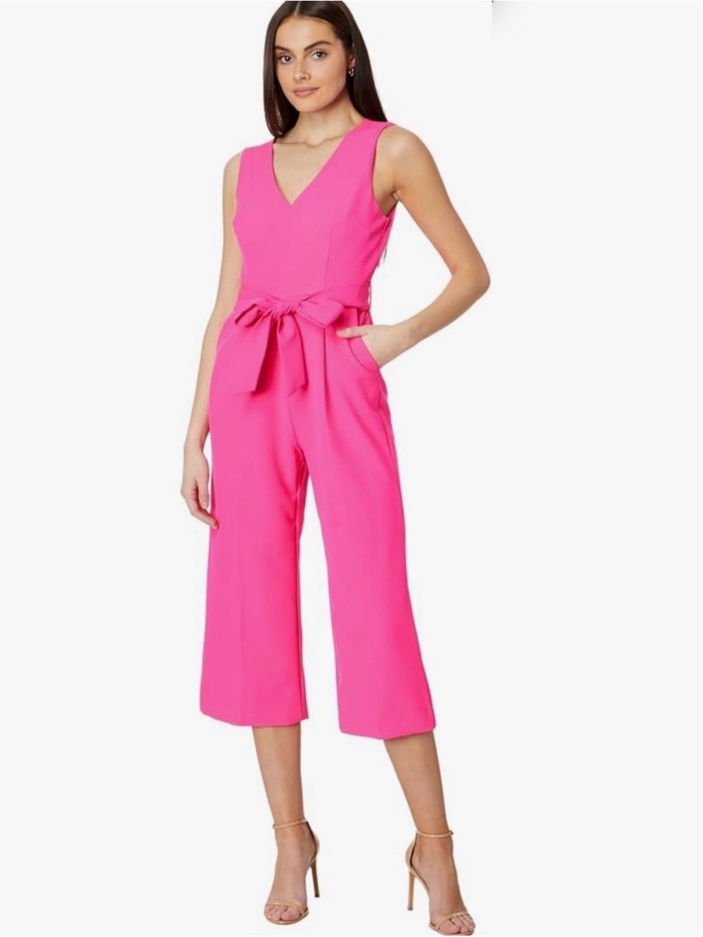 Vince Camuto Hot Pink Sleeveless V-Neck Cropped Tie-Waist Jumpsuit